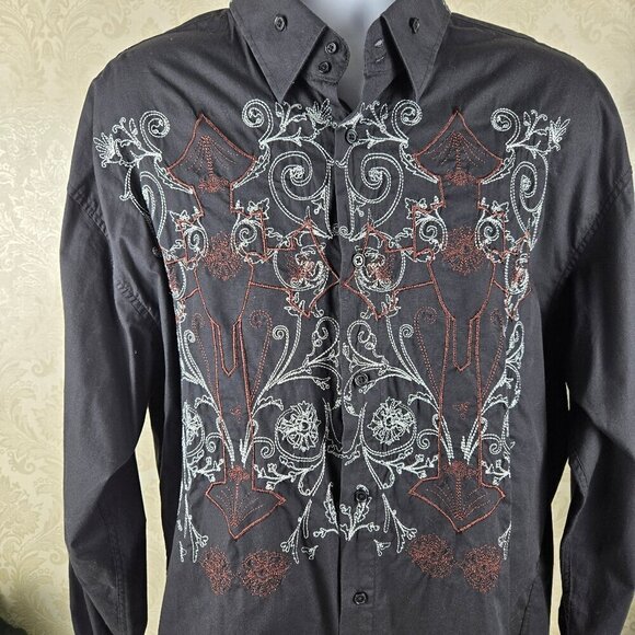 Milano Moda Size 2XL Button Up Shirt Black with White Brown Embroidery - Picture 2 of 13